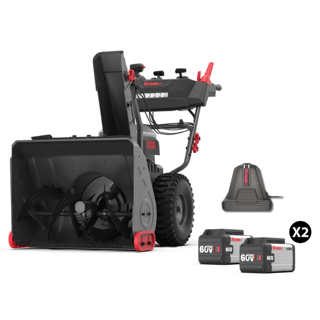 Kress KG470 snöslunga med fyra KA3002-batterier och KA3706 dubbelportladdare