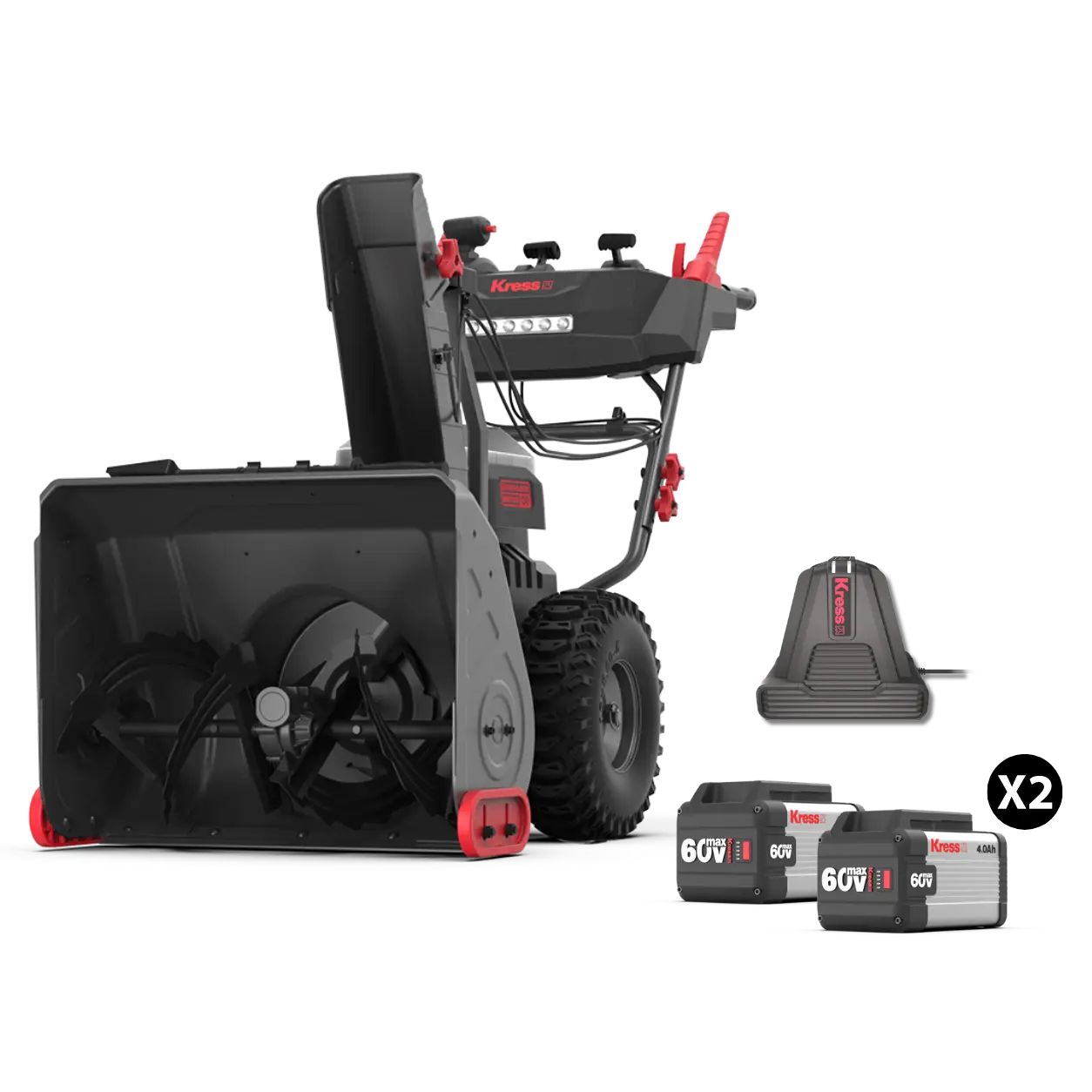 Kress KG470 snöslunga med fyra KA3002-batterier och KA3706 dubbelportladdare