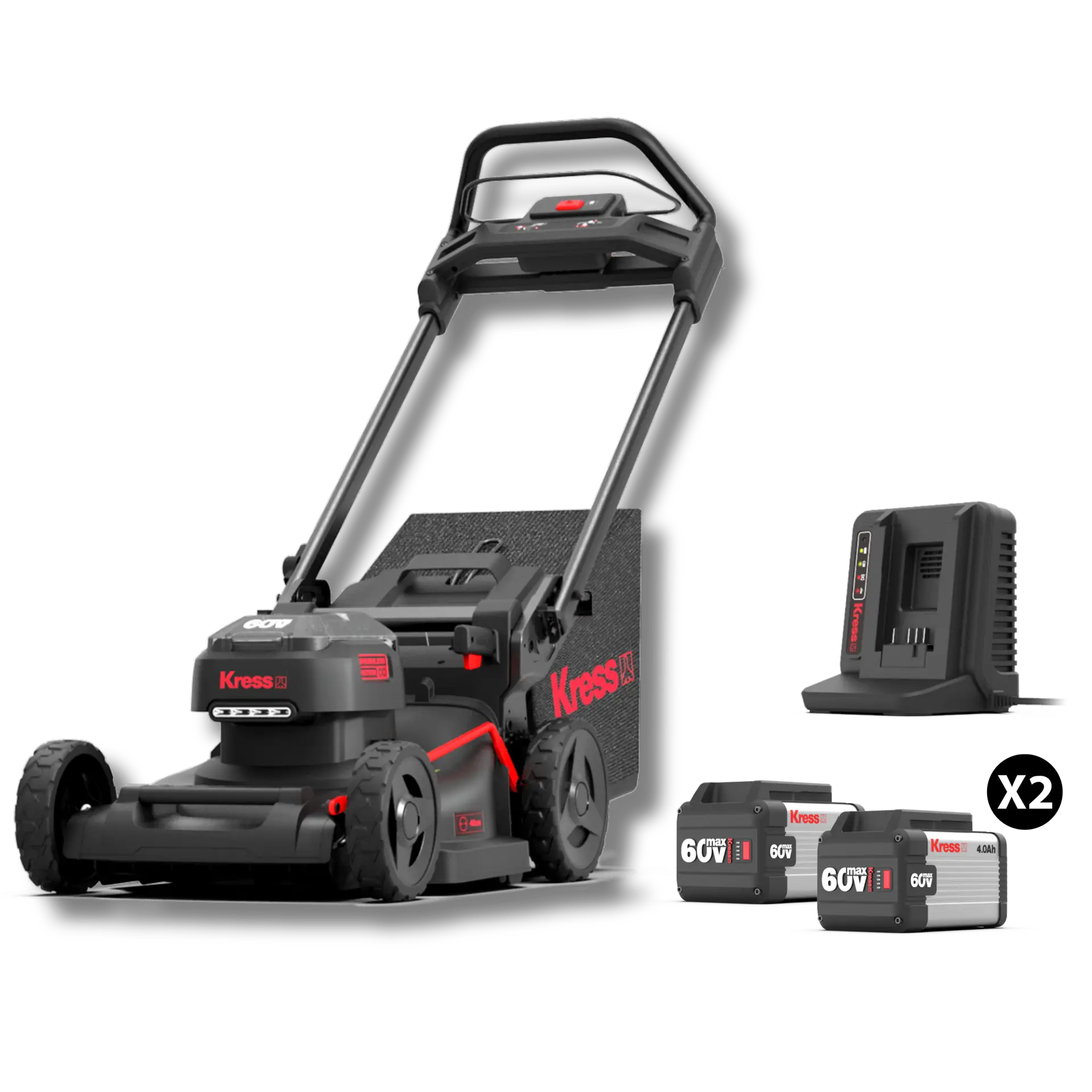 Kress KG756E gräsklippare med två KA3002-batterier och KA3714 snabbladdare