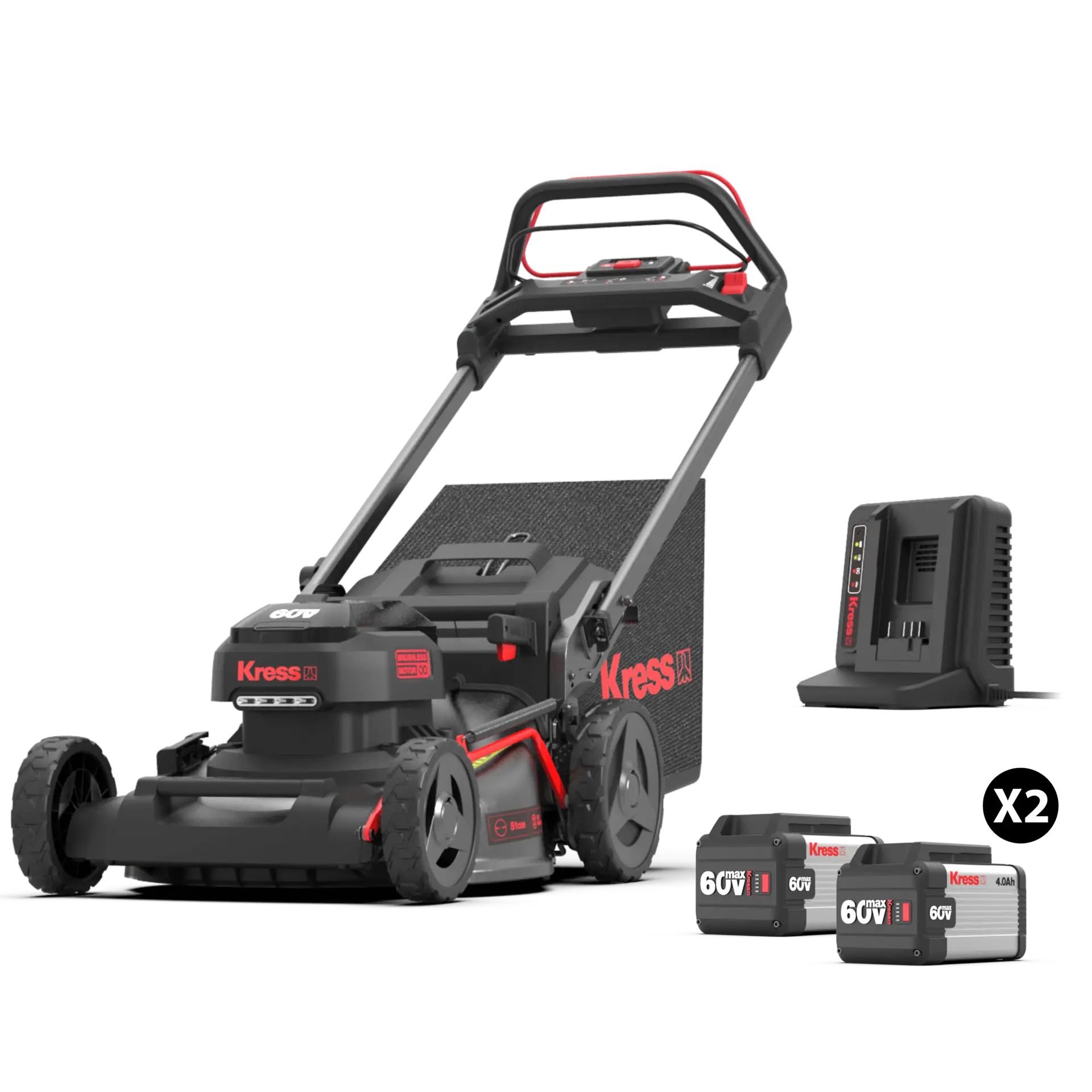 Kress KG760E självgående gräsklippare med två KA3002-batterier och KA3714 snabbladdare